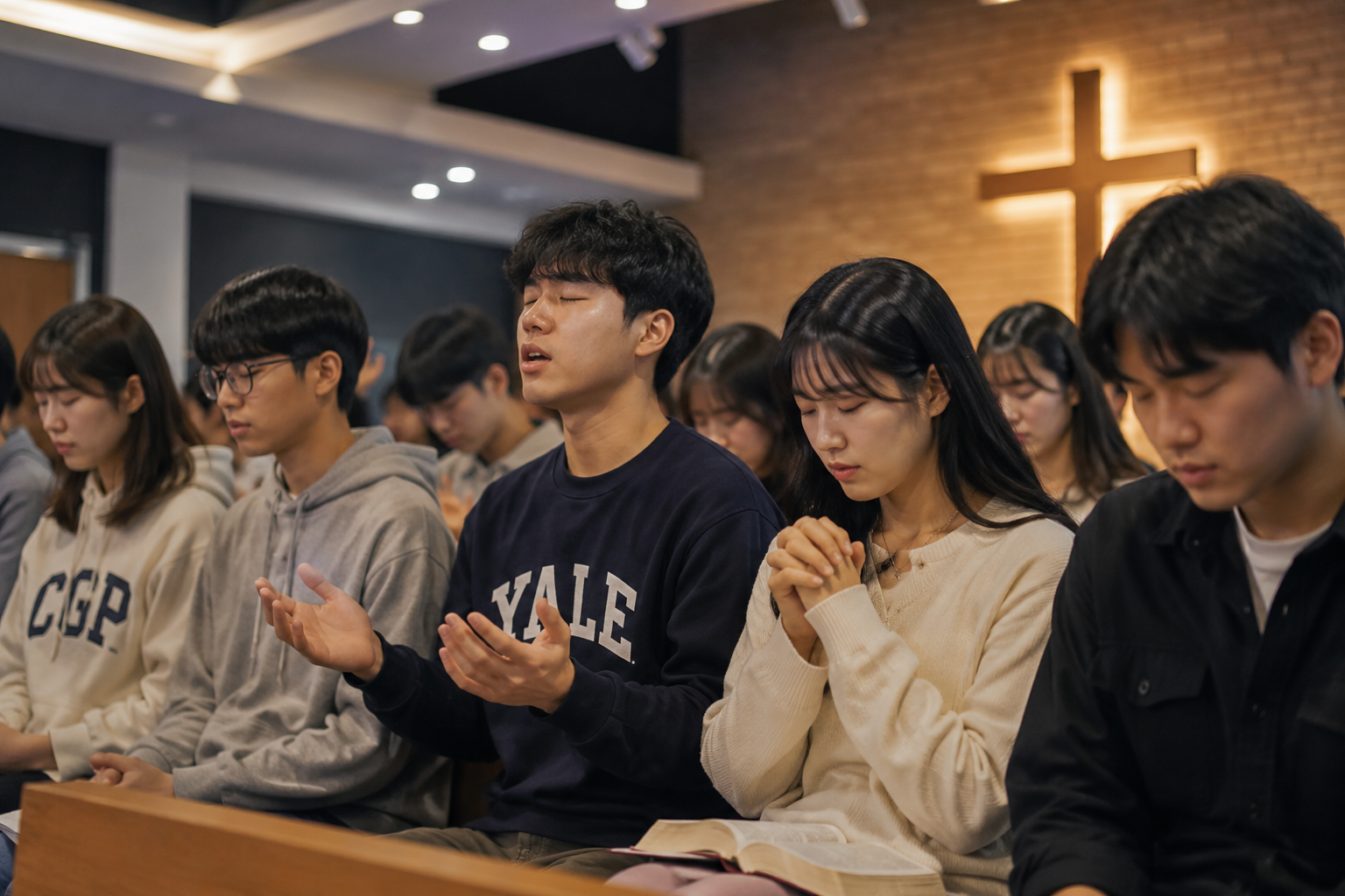 예배 가운데 기도하는 신학생들
